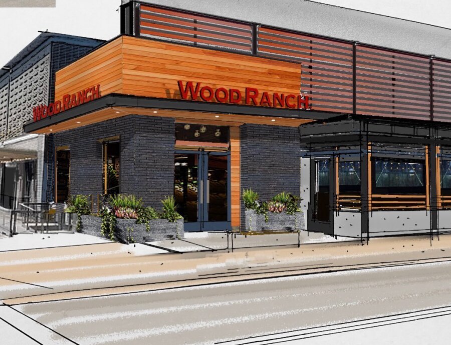 Exterior concept rendering of the future Wood Ranch restaurant at San Tan Village in Gilbert, Arizona